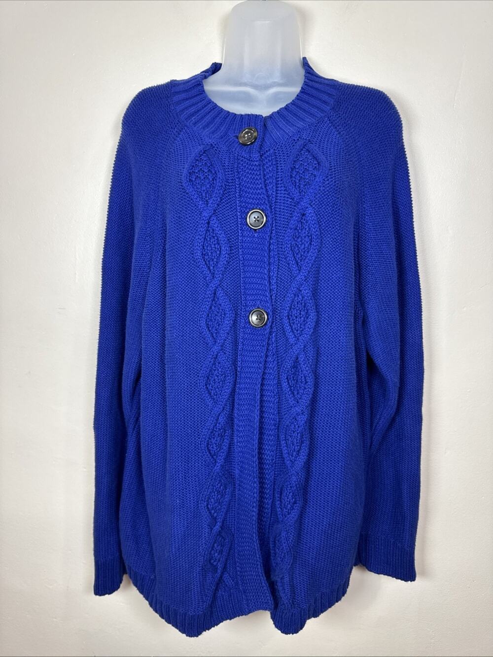 Lands End Women’s Plus Size Cardigan Chunky Cable Knit Preppy Coastal Blue 1X